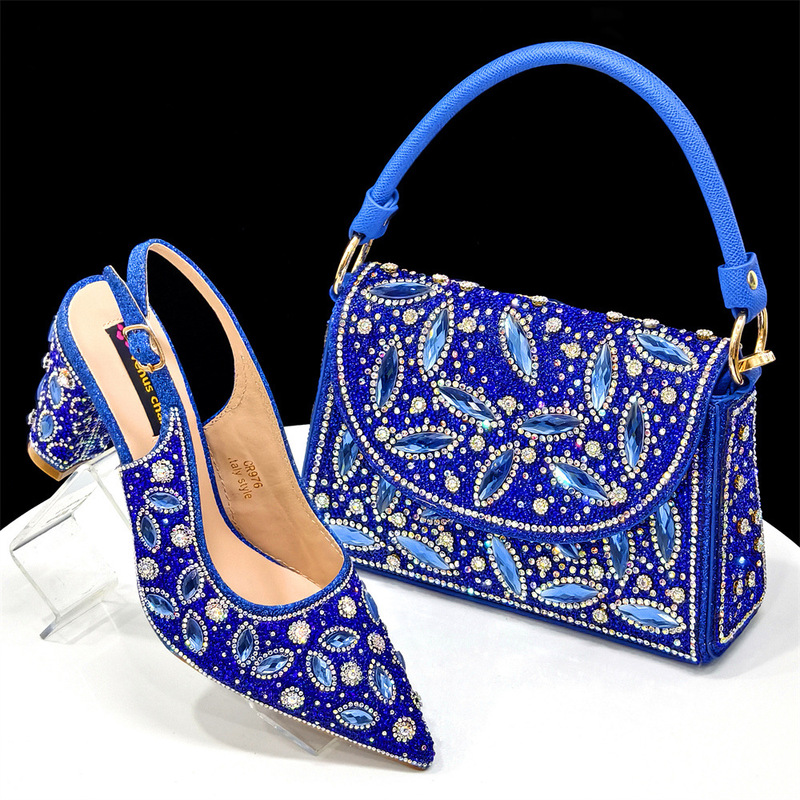 African Royal Blue Women Pointed Toe High Heels with Same Figure Handbag Shoe Bag suit Fairy Combination