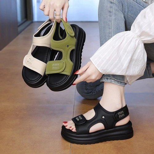 2025 Summer Women's Velcro-Strap Thick-Soled Casual Sandals: Non-Slip, Comfortable Flat-Heel Roman-Style Flip-Flops