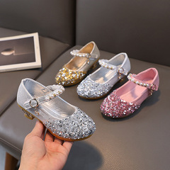 Girls' leather shoes, high heels, little girl's shining performance crystal shoes, dress model, catwalk performance, princess children's shoes