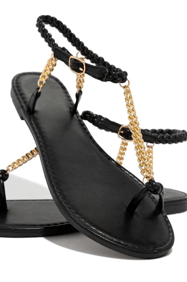 Round Toe Metal Chain Hollow Flat Sandals NSJJX113648