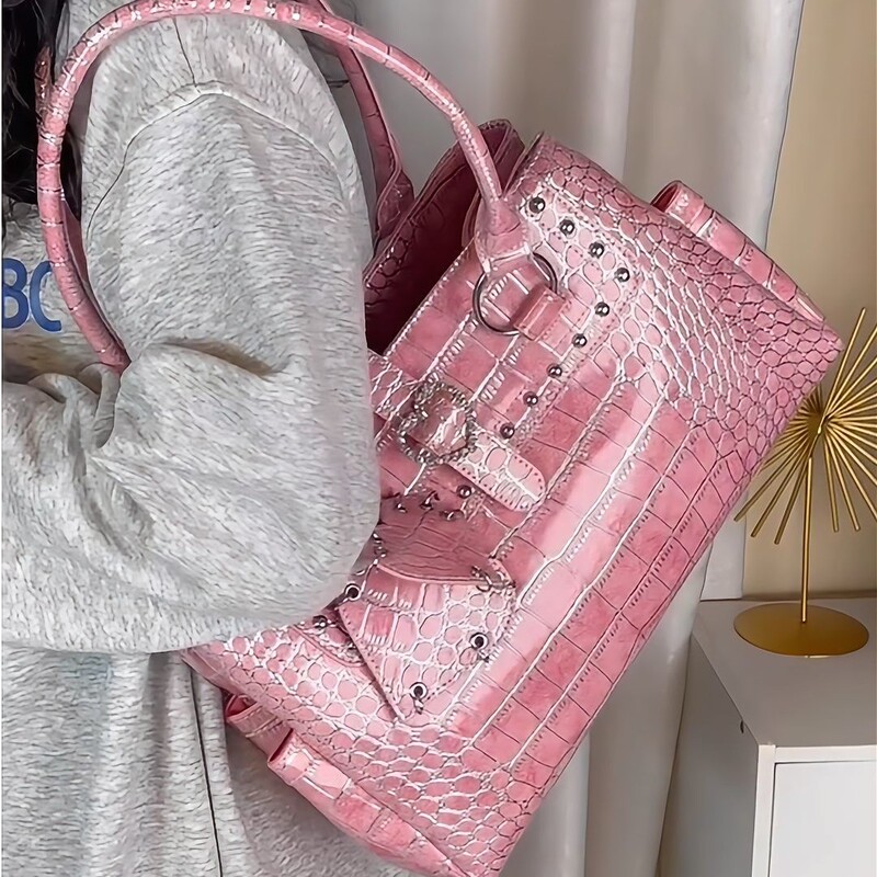 Autumn and Winter New Sweet Girl Pink Crocodile Pattern Portable Love Large Capacity Tote Bag Autumn and Winter New Sweet Girl Pink Crocodile Pattern Portable Love Large Capacity Tote Bag