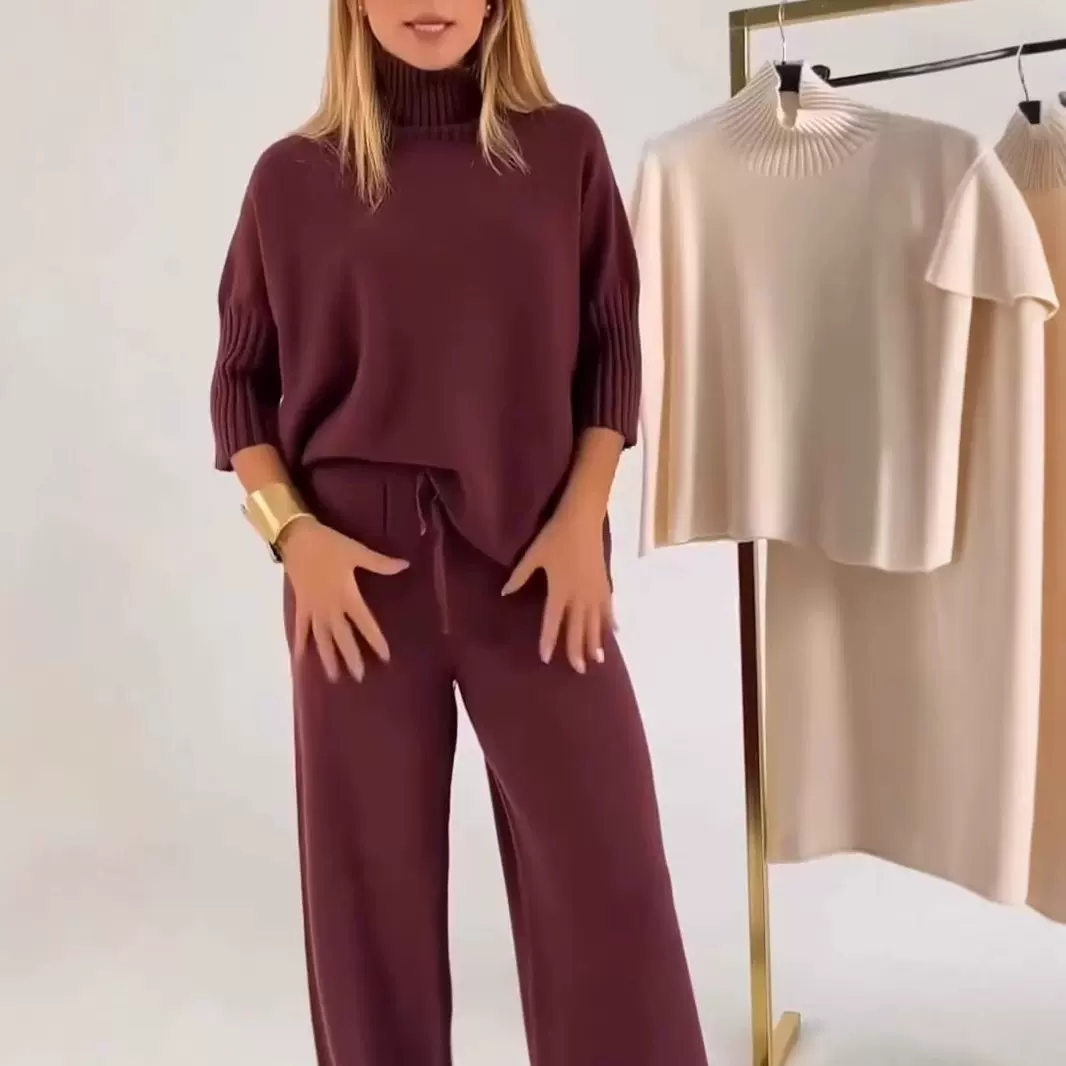 跨境新款欧美亚马逊独立站时尚休闲纯色针织高领秋冬保暖女装套装