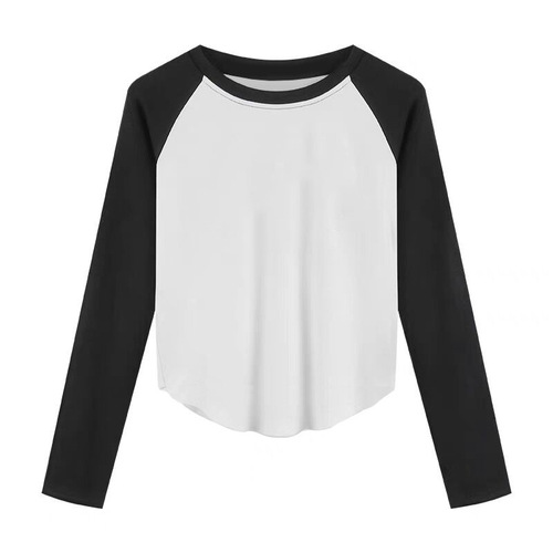 Denim-style arc hem contrasting patchwork trendy velvet long-sleeved base shirt for autumn and winter women's innerwear