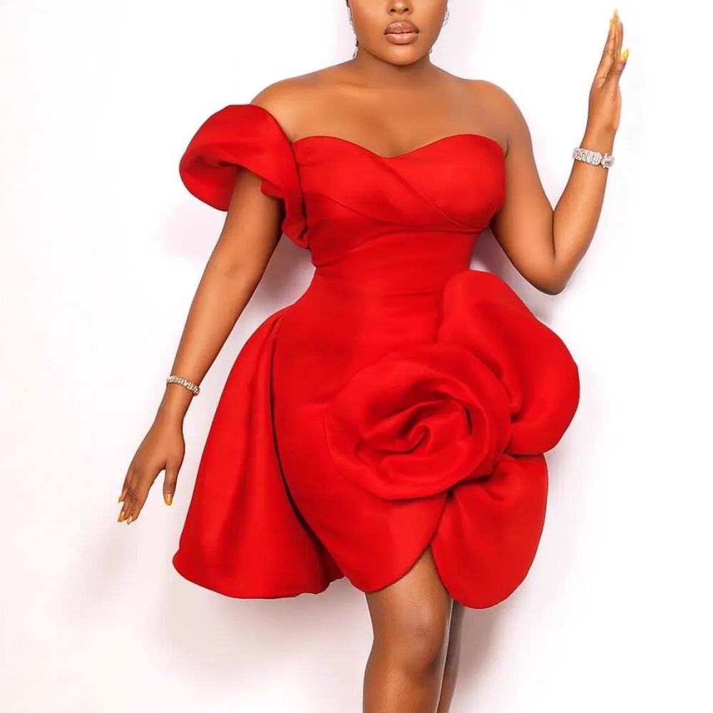 Personalized Design Sexy Tube Top Dress Asymmetrical Stereo Flower Waist Party Dinner Dress Dresses