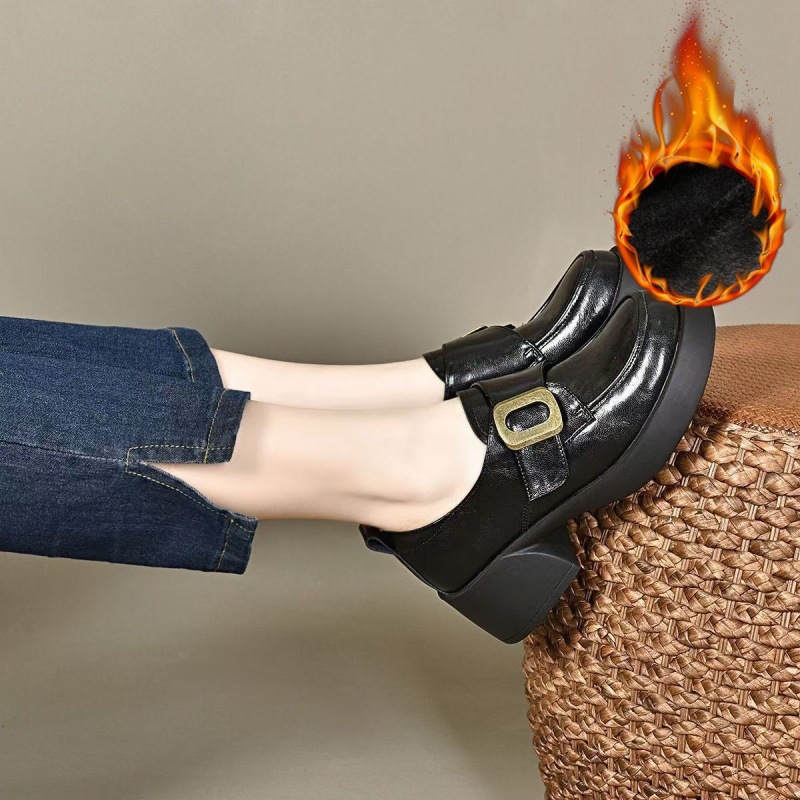 Women's Soft Thick-soled Loafers, Fleece-lined British Leather Shoes_voghion.com