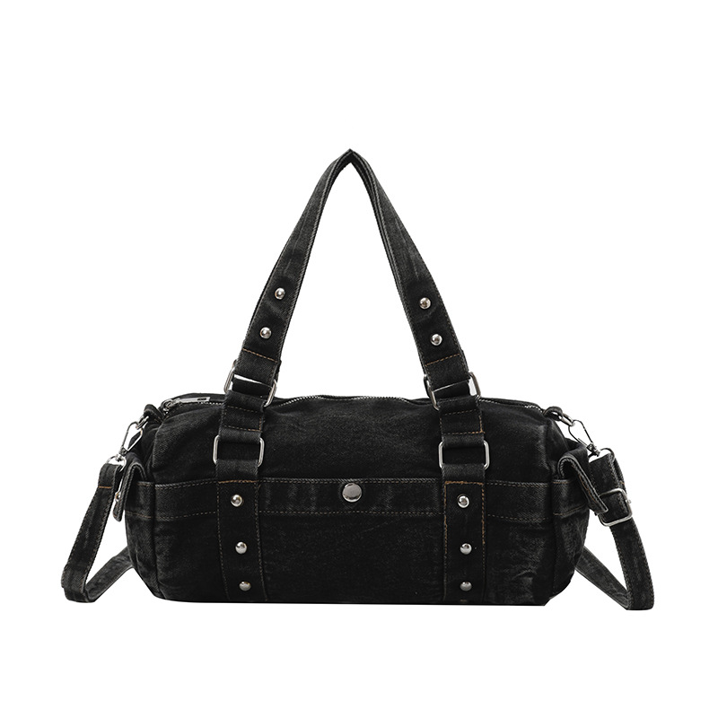 Washed Denim Large Capacity Baguette Bag Textured Versatile Studded Crossbody Bag Fashion Shoulder Handbag For Women - Thumbnail 6