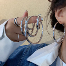 空心管s925纯银针素圈耳环女欧美气质耳坠耳圈韩国网红耳饰大圈圈