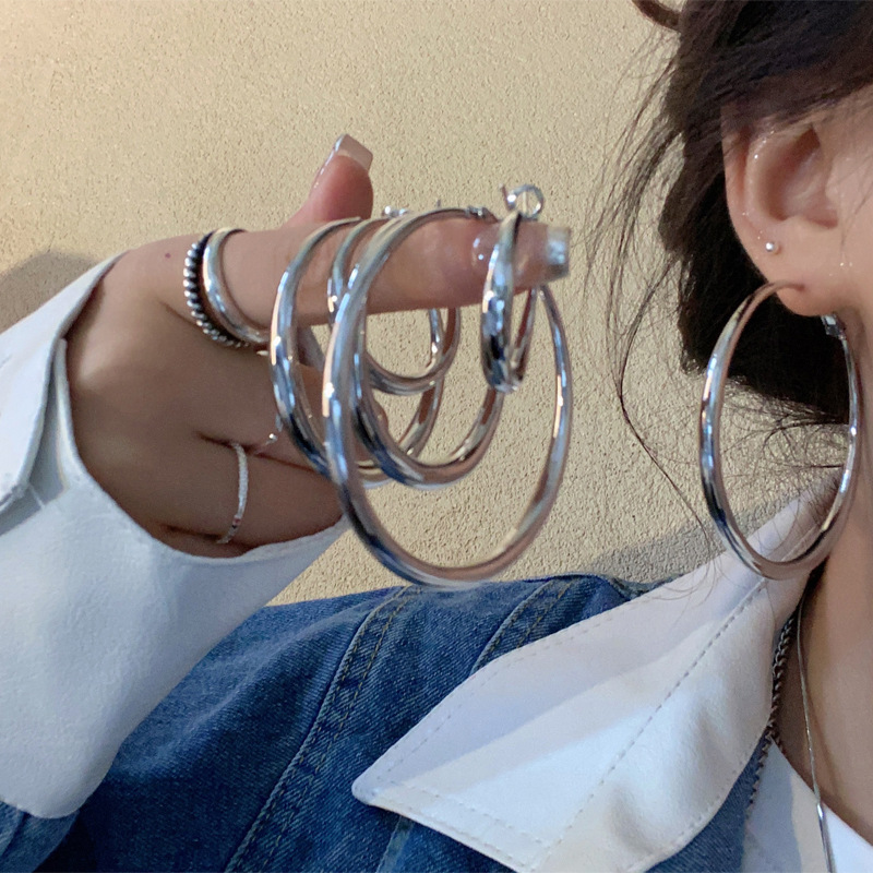 空心管s925纯银针素圈耳环女欧美气质耳坠耳圈韩国网红耳饰大圈圈