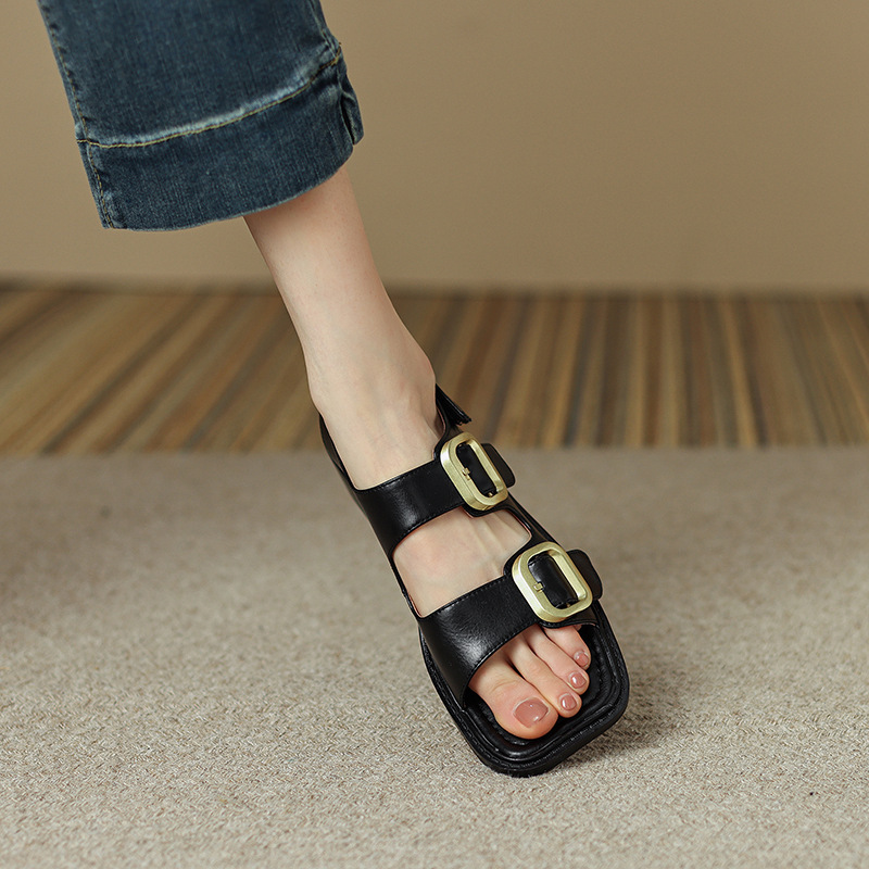 Sandal hở mũi nữ quai ngang đế thấp phong cách La Mã cổ điển, da bò màu nâu — Màu nâu chi tiết 3