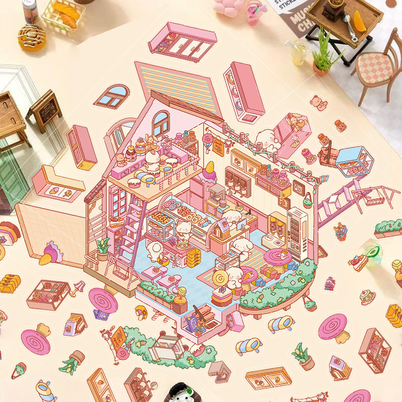 漫画造園ステッカー、さまざまなミニチュア世界 3D キャビン、リトルレッドブック減圧 DIY シーンハンドブックステッカー卸売 PET|undefined