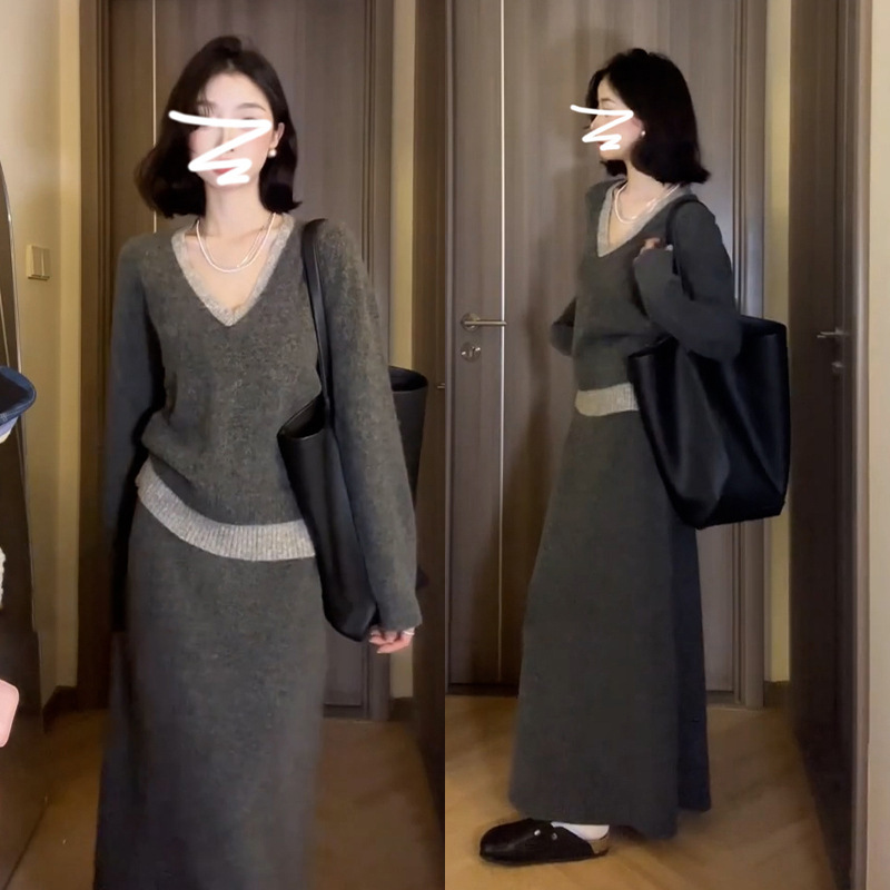 温柔风灰色针织毛衣套装连衣裙子女早秋季2025新款一整套早秋穿搭|undefined