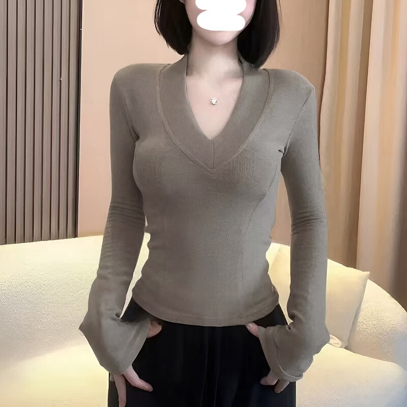 4630 # Official Picture of Mousse Cashmere 280g Long-Sleeved T-Shirt for Women in Spring, Autumn and Winter Fleece-Lined Double-Sided Velvet Bottoming Shirt