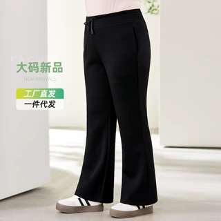 大码抽绳休闲裤女胖妹妹高腰弹力显瘦202秋装黑色美拉德糯米裤女