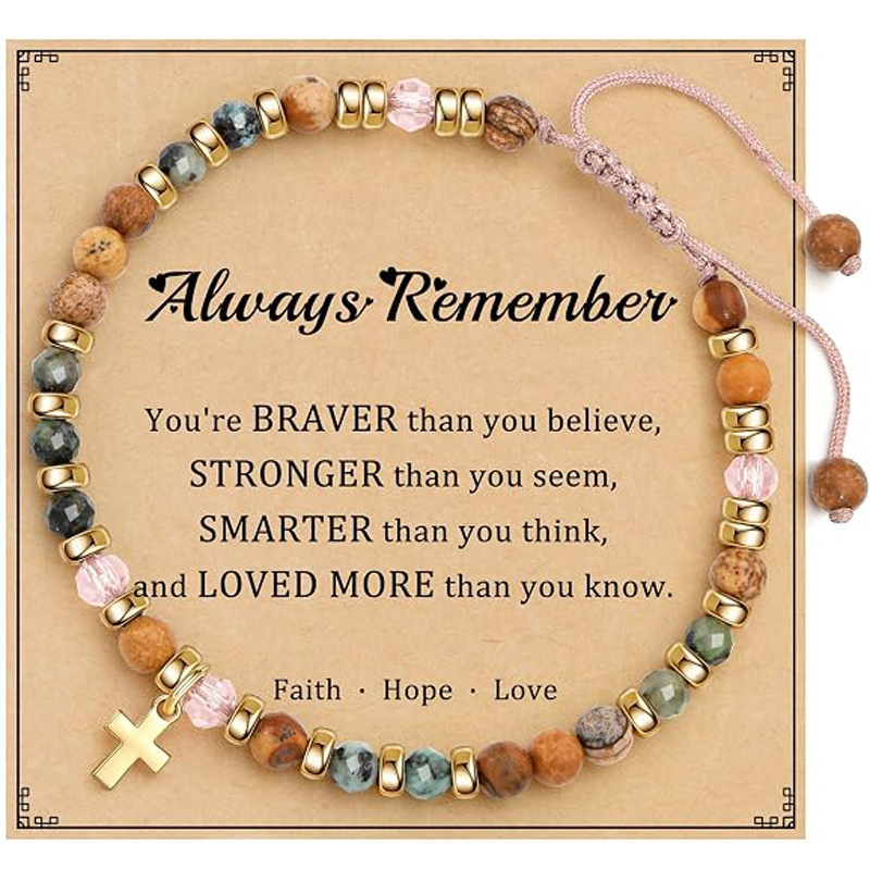 Cross-border 4mm natural stone beaded bracelet with gold cross pendant, multi-color beaded woven bracelet, inspirational gift for women