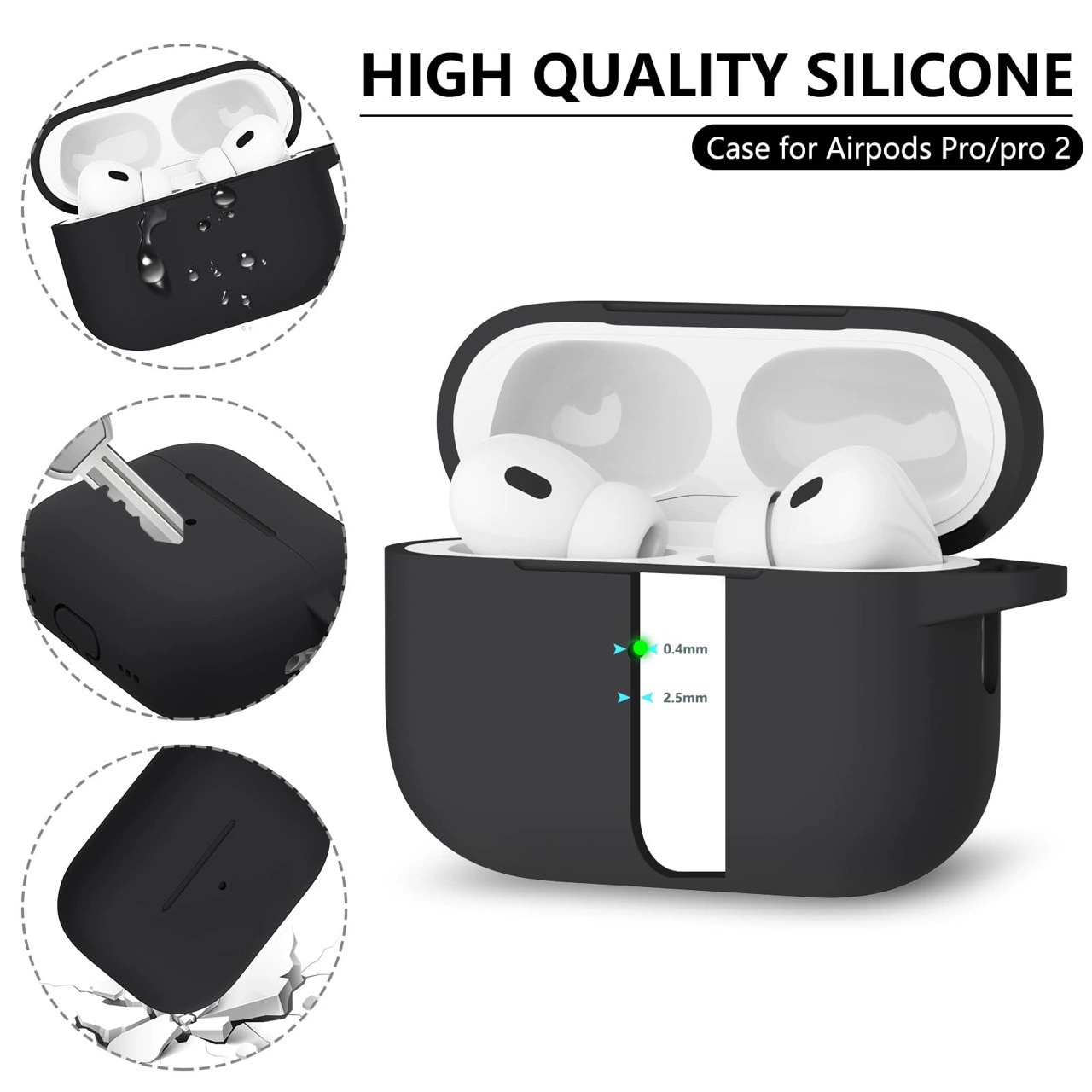 Защитный чехол (совместим с Apple AirPods) с однотонным карабином и чистящей палочкой, лёгкий