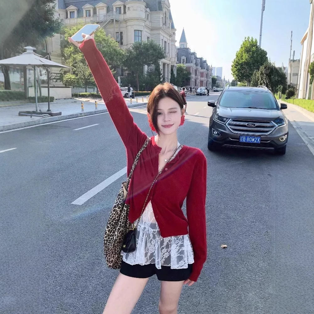 부드러운 스타일 부드러운 왁스 레드 니트 카디건 여성 가을 새 스타일 우아한 슬림 핏 슬림 핏 스웨터 코트 탑