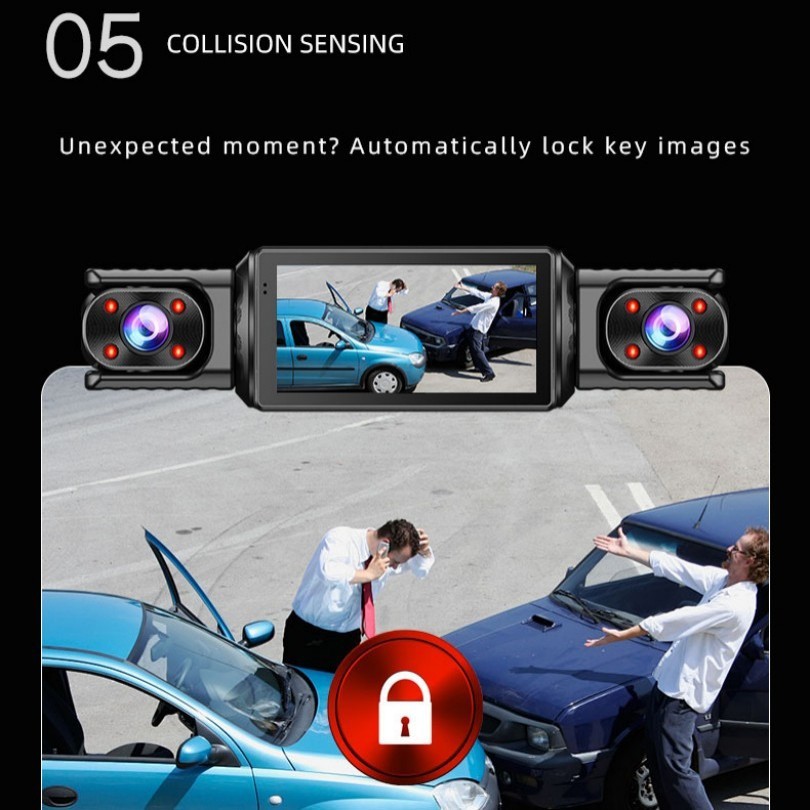 Three-lens dashcam with front, rear, and interior night vision, WiFi connectivity, parking monitoring, and in-car recording