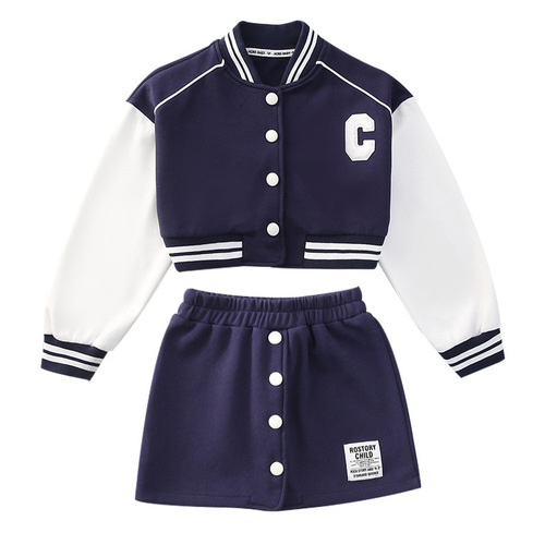 女童运动套装2024春季新款休闲美式学院风棒球服外套短裙子两件套