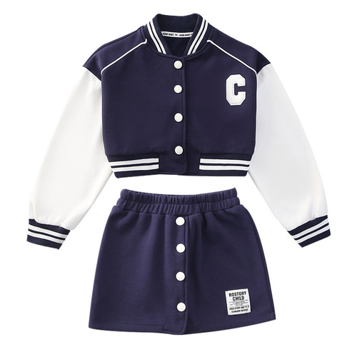 Girls' sportswear set 2024 spring new casual American college style baseball jacket short skirt two-piece set
