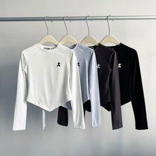 韩国小众新款RR字母印花不规则修身短款打底衫长袖T恤