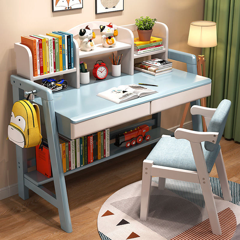 Children's Solid Wood Desk, Home Student Writing Desk, Small Apartment Liftable Study Table and Chair Set, One-Piece Combination