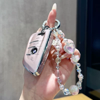 women's key case, Car key bag - bmw-a-series-side-drilled-pink-pink-beaded-heart-chain