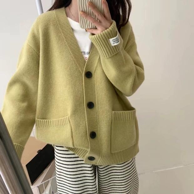 Kaning Rolled Cuff Sleeve Label V-Neck Buttoned Knit Cardigan 2026 Autumn New Korean Style Lazy Loose Sweater