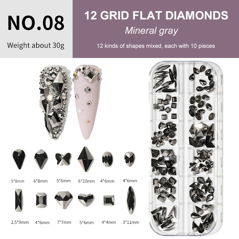 Joyería de uñas 12 rejilla mixta K9 plana en forma especial Temperatura de diamante Elf color mágico especial en forma de diamantes de imitación joyería de uñas al por mayor