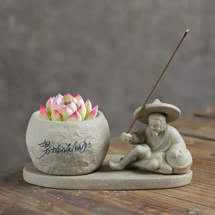 Fisherman Fleshy Creative Imitation Stone Coarse Ceramic Flower Pot Breathable Green Plant Bonsai Desktop Ornaments New Chinese Style Potted Plant