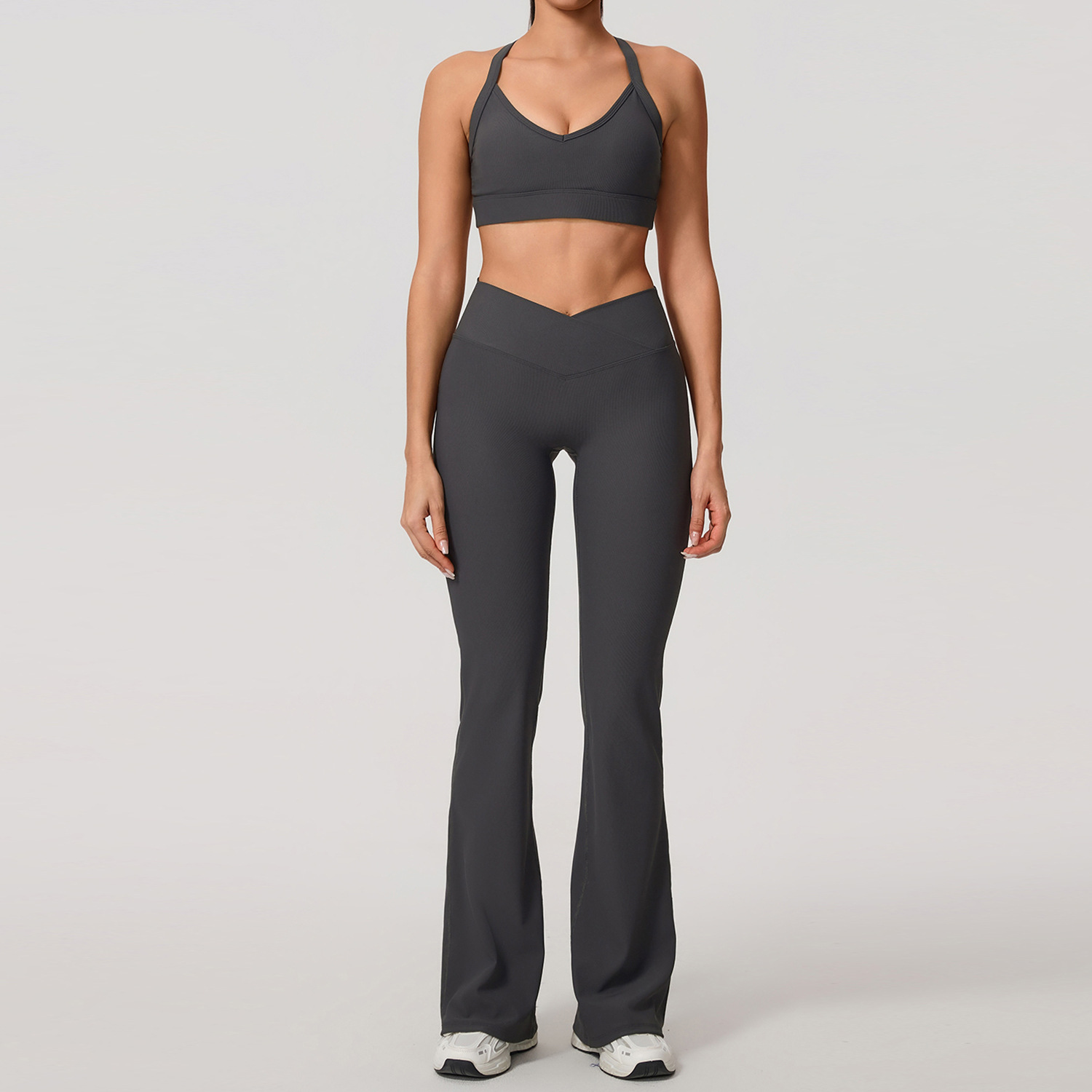 Europa y América sexy cruzada belleza de espalda deportiva al aire libre chaqueta con cremallera piernas anchas cintura alta y largo conjunto de pantalones de calzado 7005