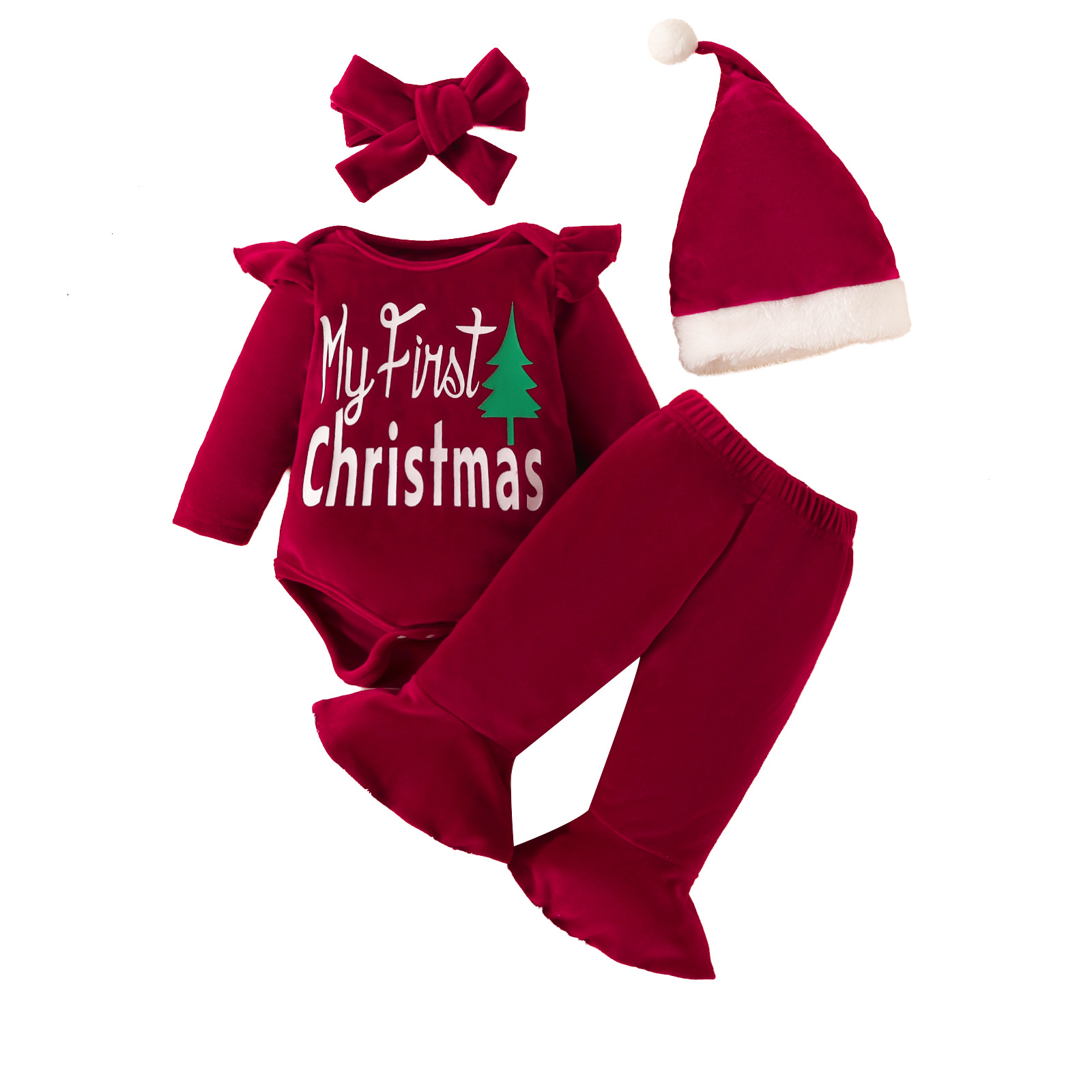 Cross-Border 4PCs Niño "Navidad" carta de impresión volando manga larga Top + pantalones acampanados + pañuelo + sombrero
