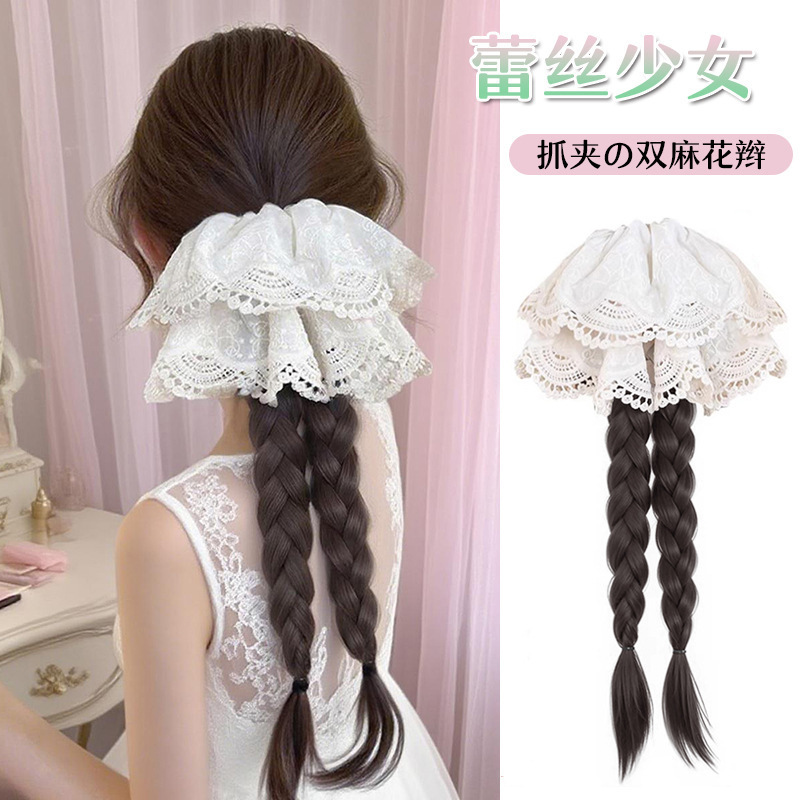 Korean Lace Hair Band Wig Braid Women's Hair Clip Artificial Hair Low Ponytail Double Twist Long Braid Hair Accessories Ready for Sale