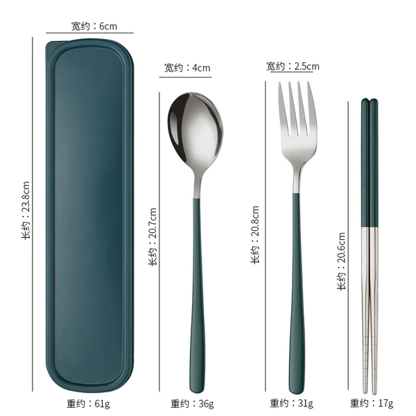 Green and silver 3 -piece set (spoon+fork+chopsticks+box)