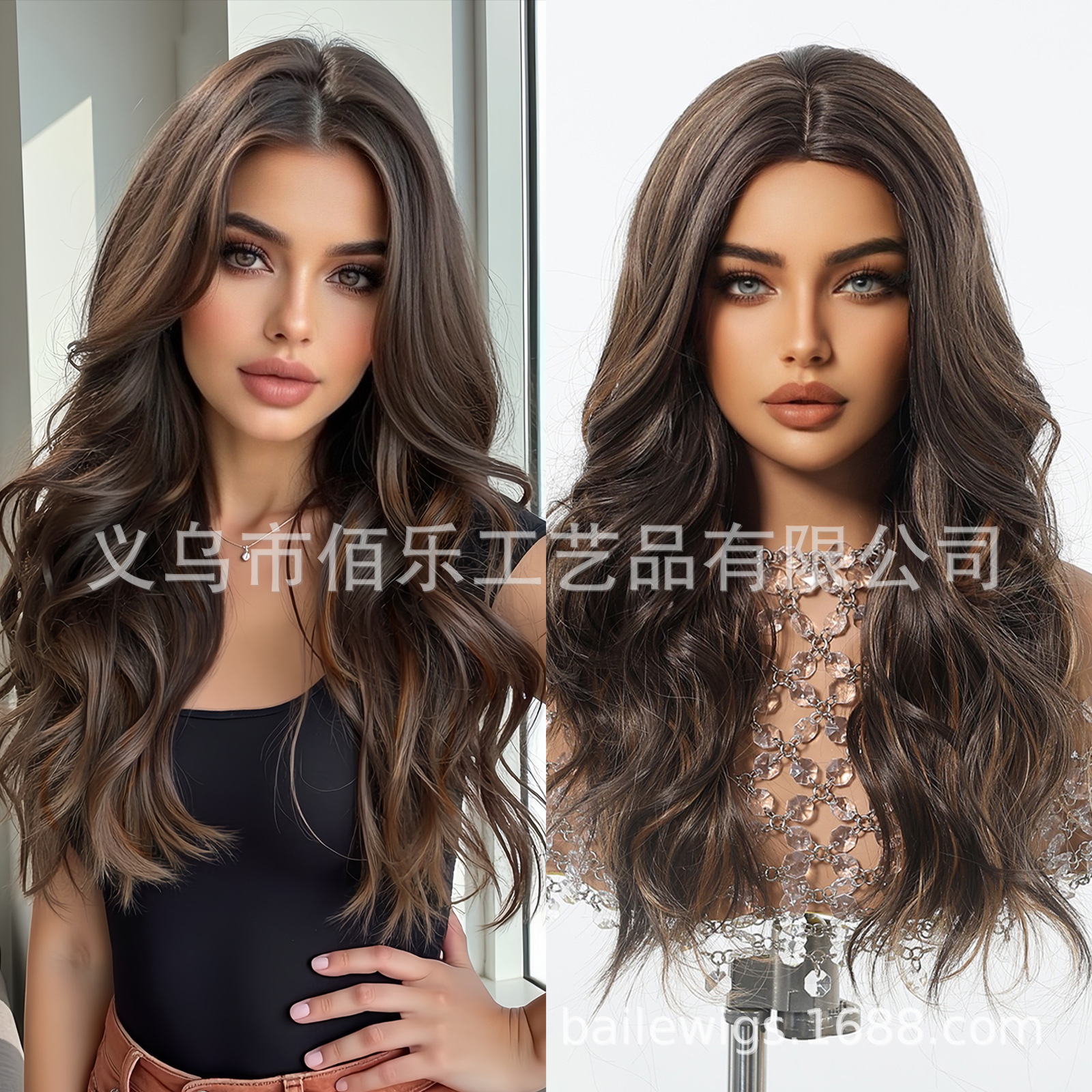 Peluca de venta caliente europea y americana, negro y marrón, corte de pelo largo y rizado medio, cubierta de cabeza completa, fibra química, hair femenino, spot al por mayor