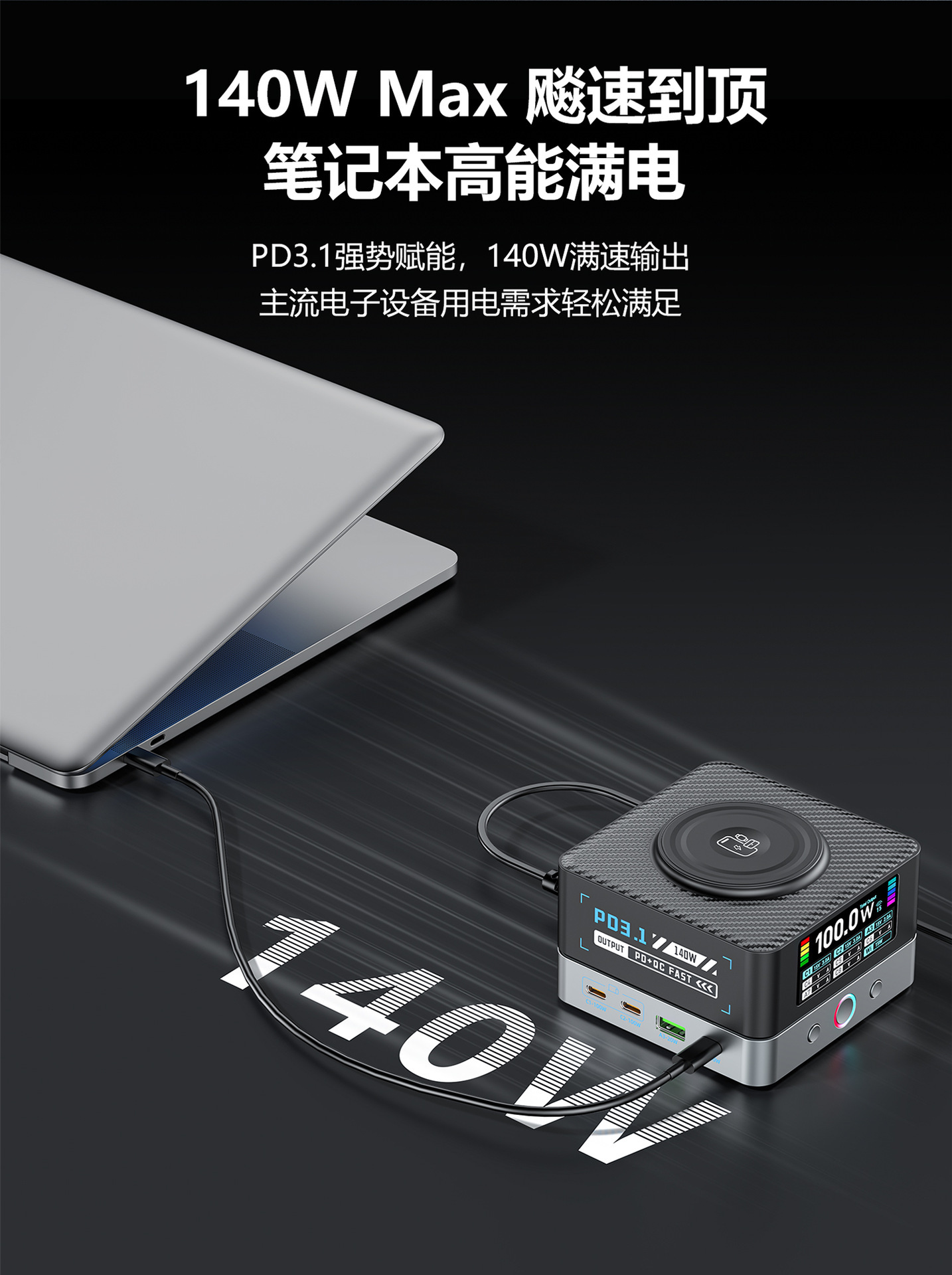 680W Çok Fonksiyonlu Gallium Nitride Masaüstü Şarj İstasyonu 15W Kablosuz Şarjlı Çoklu USB Hızlı Şarj Tam Protokol