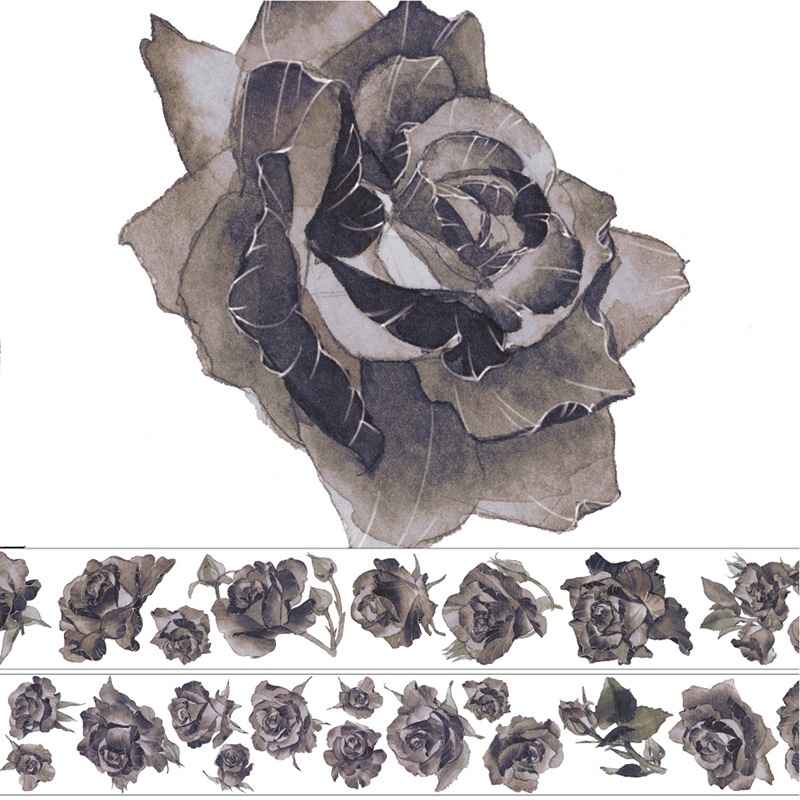 新七天亮面手帐手账装饰胶带贴纸花卉造景胶带纸整卷 黑玫瑰