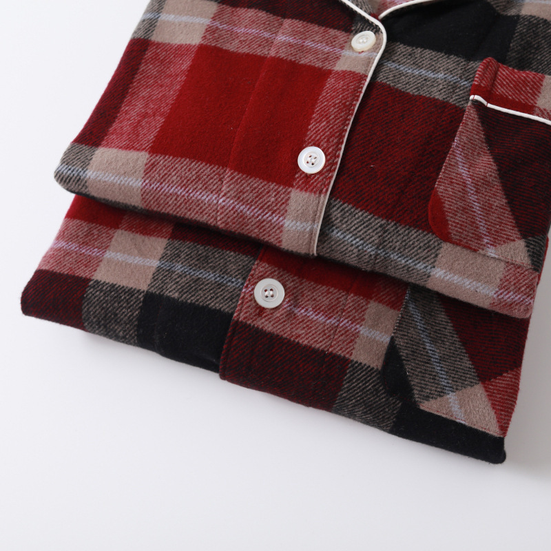 秋冬季女士棉加厚绒布睡衣男士简约格纹长袖套装情侣保暖家居服