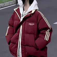 美式复古酒红色羽绒棉服女大童冬季新款初中高中学生宽松棉袄外套