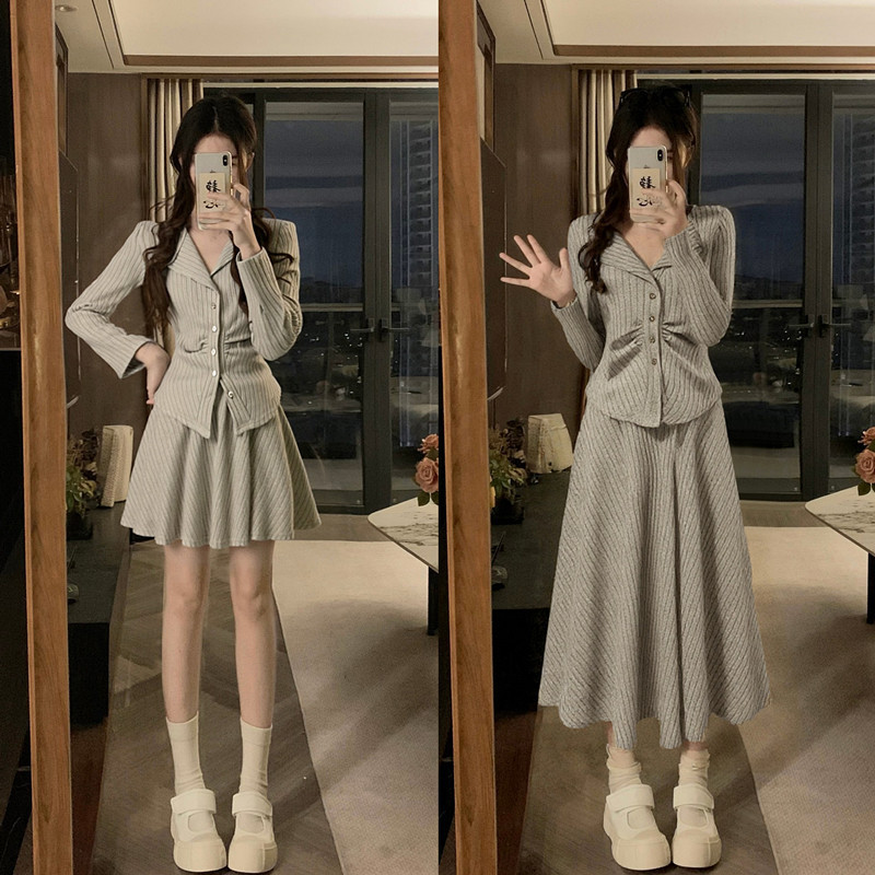 大码女装胖mm新款韩系穿搭显瘦上衣+中长款半身裙两件套|undefined