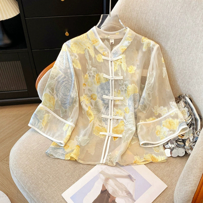 Настоящая фотография нового классического шелкового кардигана в китайском стиле в стиле ретро с вышивкой, женский солнцезащитный кардиган ручной работы с пуговицами из бисера, Золотой пион
