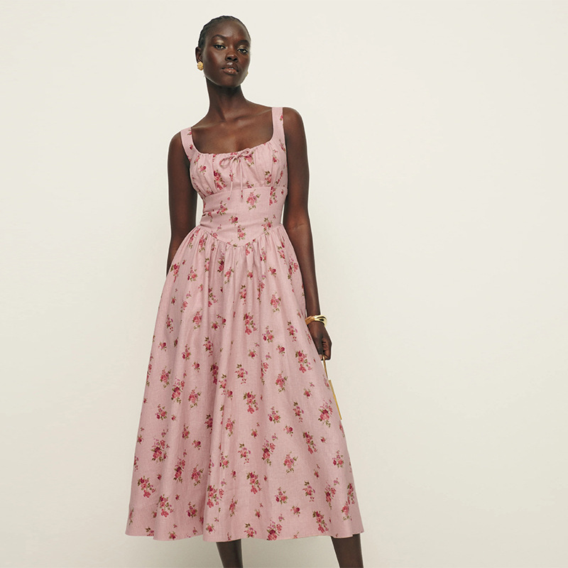 In Stock 789 Summer New Model Ref2024 Linen Pink Square Neck Mid-Length Holiday Style Dress French Retro Women's Dress