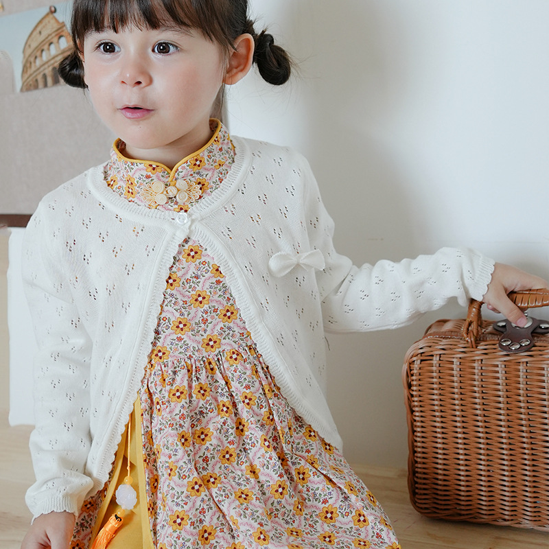 Estilo coreano bowknot niñas aire acondicionado suéter de punto cardigan protector solar puro algodón niñas chal Capa delgada verano