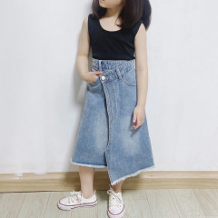ANKRT Spring and Autumn Parent-Child Outfits, Japanese Casual Children's Clothing, Girls' Diagonal Waist Denim Half-Body Skirt, Children's Medium-Long Skirts