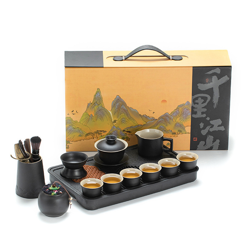 New Stoneware Kung Fu Tea Set suit Household Ceramic Teapot Tea Cup Complete Tea Set Gift High-end Gift Box