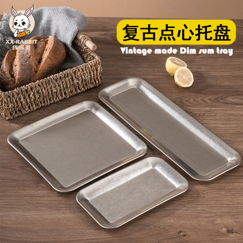 Retro Japanese Style Stainless Steel Plate Making Old Nostalgic Snack Plate Rectangular Dim Tray Barbecue Plate Cold Vegetable Plate