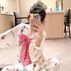 外贸跨境网红直播带胸垫韩版长袖可爱睡衣女甜美蕾丝家居服套装