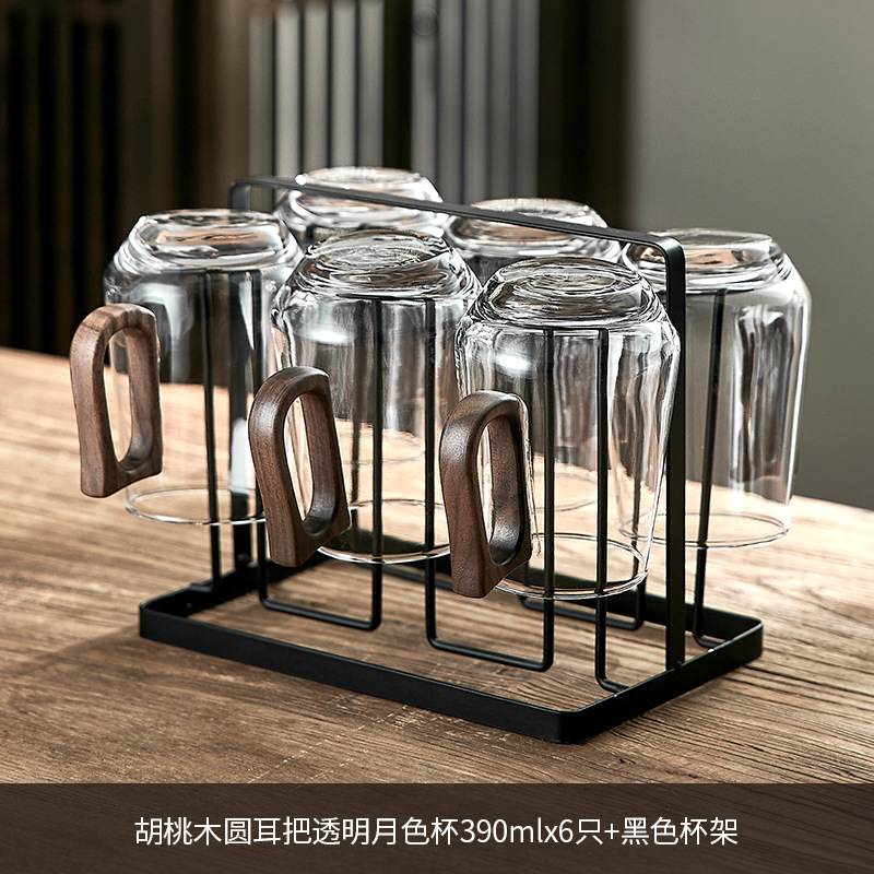 [월넛둥근귀손잡이] 투명달빛컵 390ML/6개 + 컵홀더
