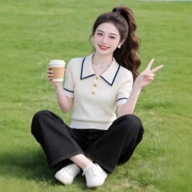 白色蓝边polo领短袖针织短袖t恤女夏季新款显瘦小个百搭上衣11174