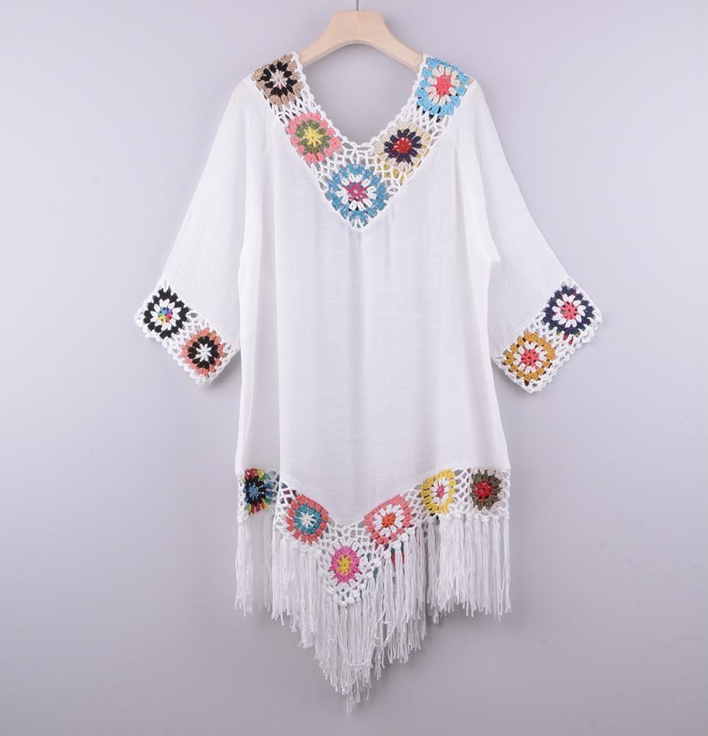 Transfronterizo nuevo fuera del hombro tres cuartos manga gancho flor costura borla irregular playa anti-DDoS blusa estilo étnico vestido image 9