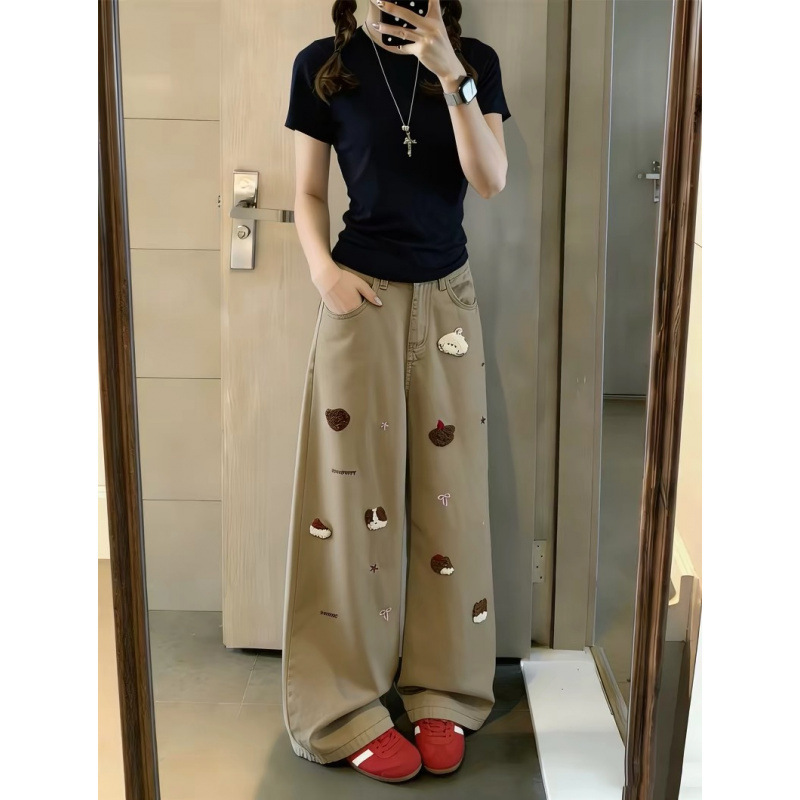 Melard Style Khaki Embroidered Jeans for Women, New Spring/Summer Design, High-Waisted Loose Straight Wide-Leg Pants